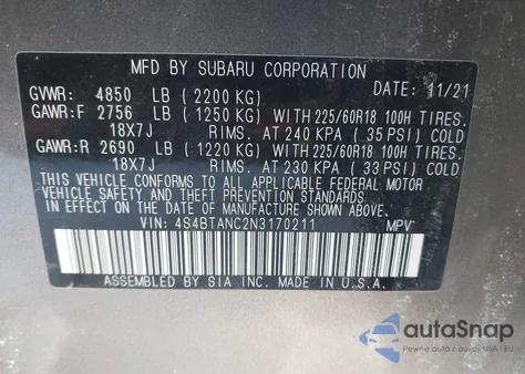 2022 Subaru Outback Limited z USA, uszkodzony, nr VIN 4S4BTANC2N3170211